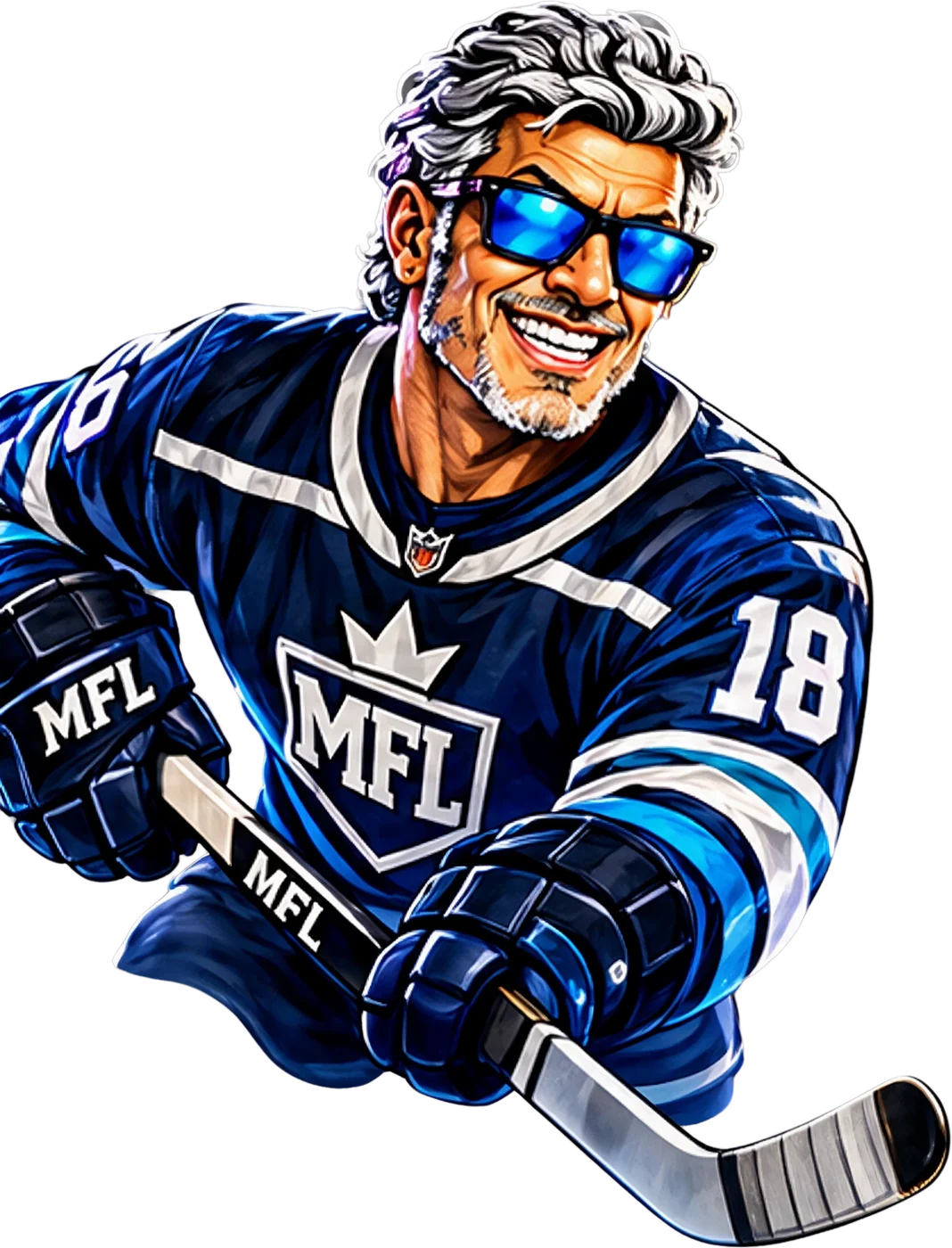 MFL hockey Legend in shades, number 18, with an MFL stick